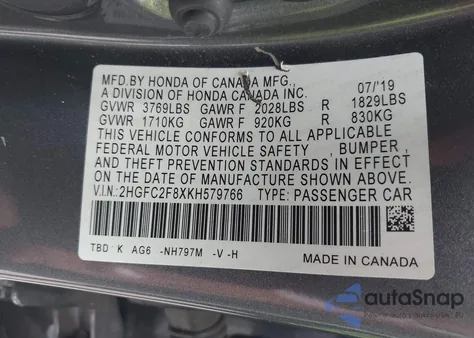 2019 Honda Civic Sport из США, поврежденный, VIN 2HGFC2F8XKH579766